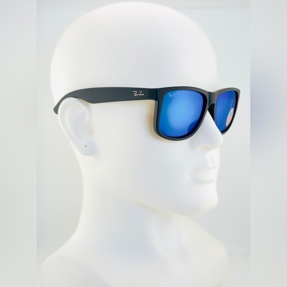 Ray-Ban Justin Sunglasses RB4165 Matte Rubber Black Frame Blue Mirror Lenses - Picture 4 of 15